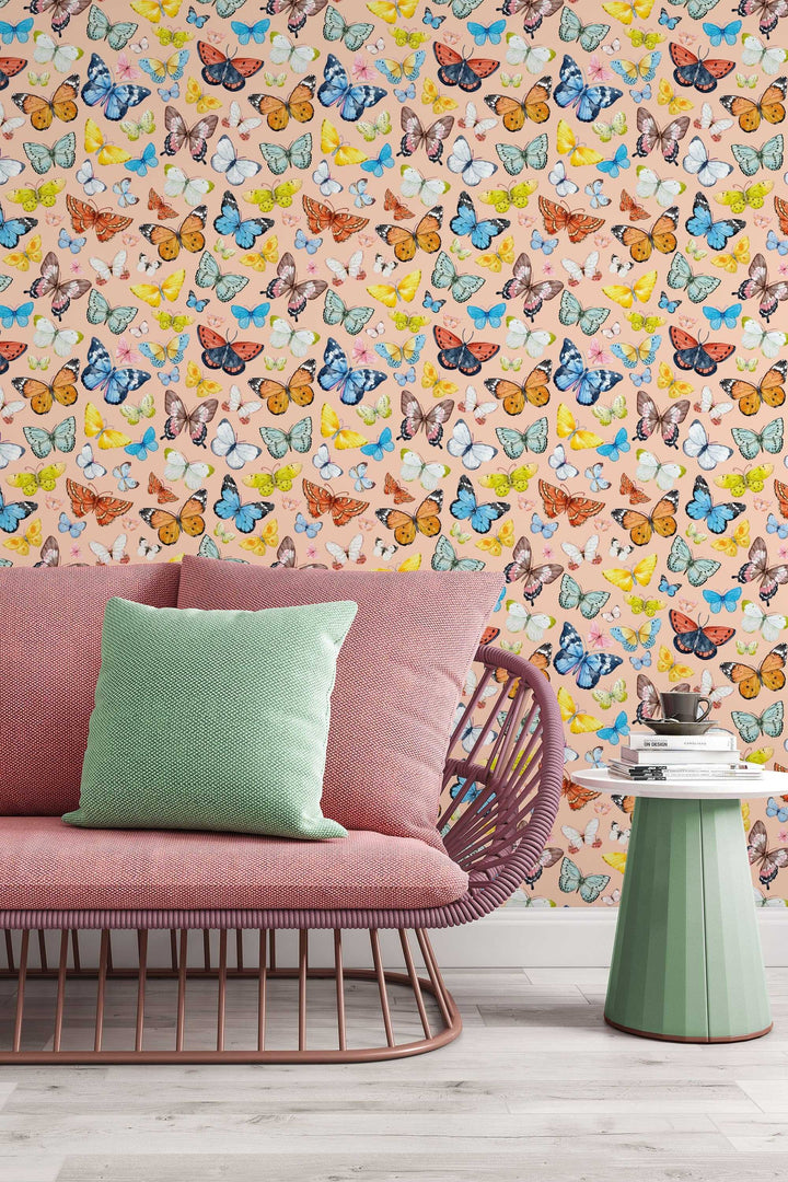 Butterflies Wallpaper on biege background - Removable Self Adhesive pattern wallpaper #3255