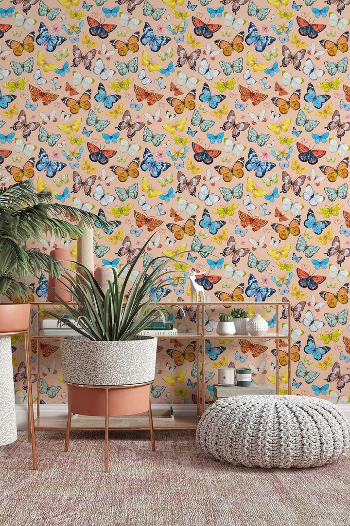 Butterflies Wallpaper on biege background - Removable Self Adhesive pattern wallpaper #3255