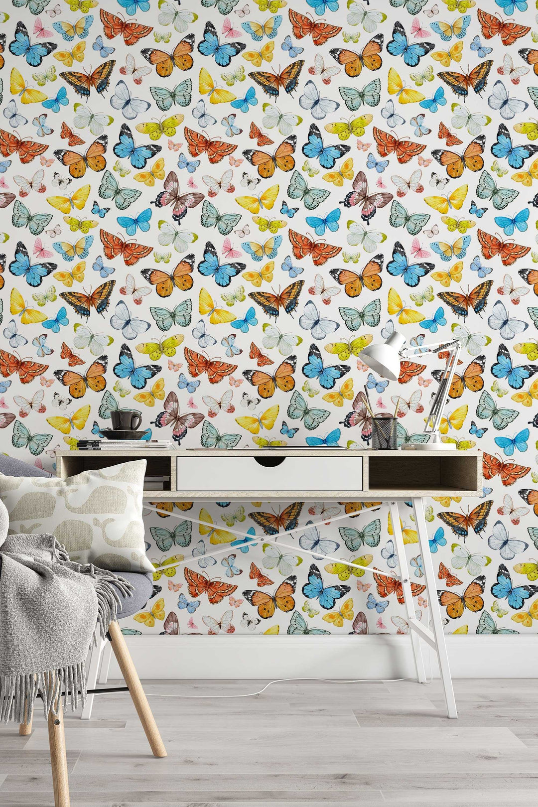 Butterflies Wallpaper on white blue background - Removable Self Adhesive pattern wallpaper #3257