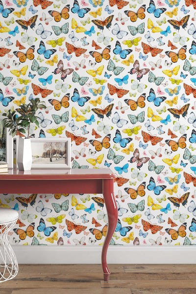 Butterflies Wallpaper on white blue background - Removable Self Adhesive pattern wallpaper #3257
