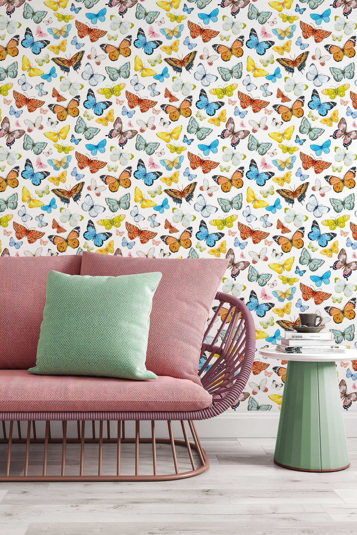 Butterflies Wallpaper on white blue background - Removable Self Adhesive pattern wallpaper #3257