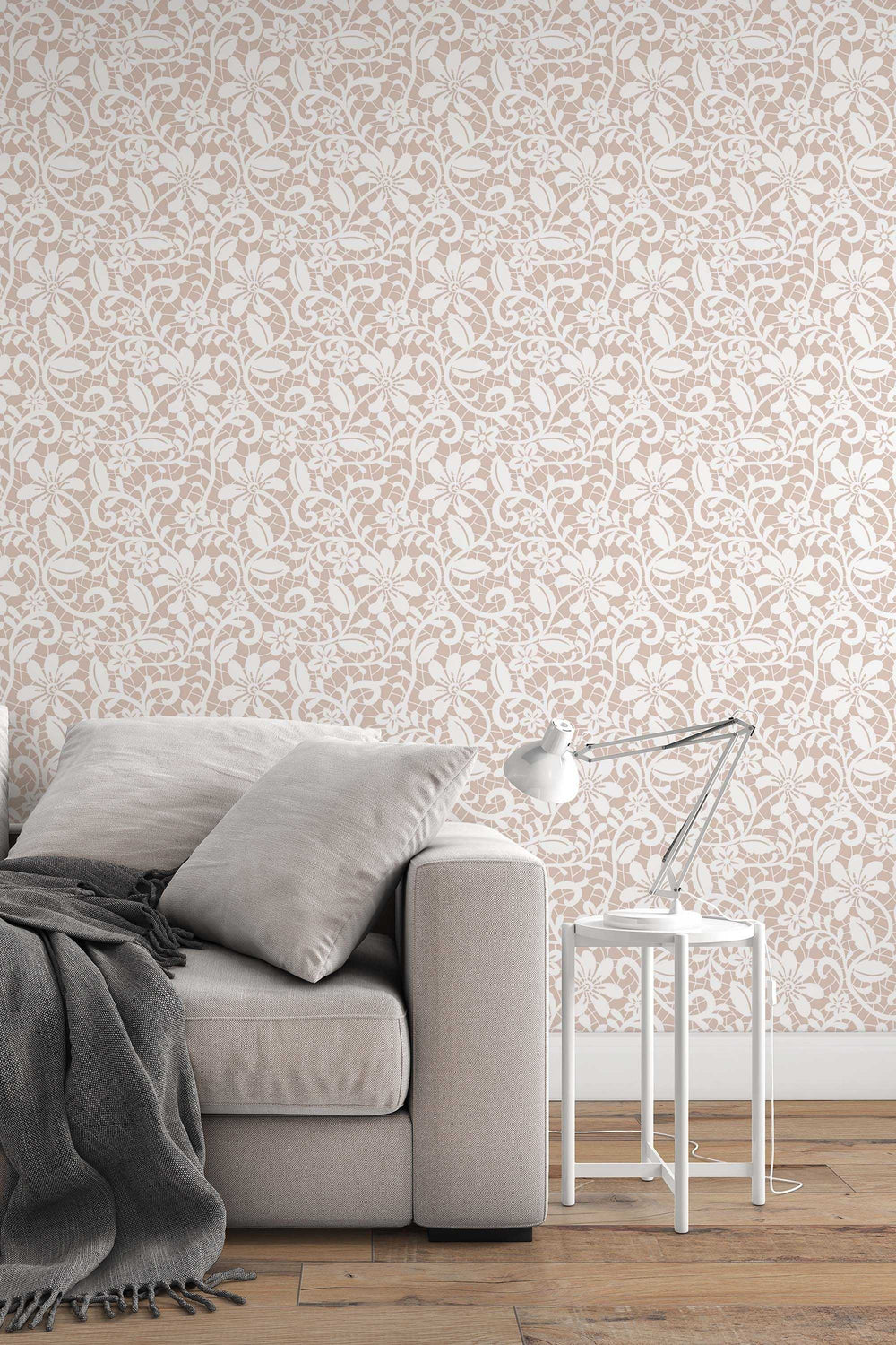 White lace on beige background  Self Adhesive Traditional and Peel and Stick Wallpaper #3266