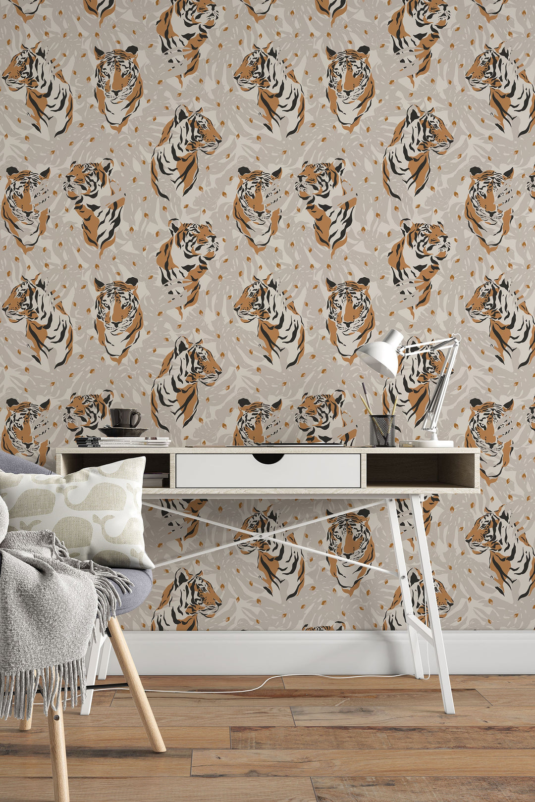 Tiger on the biege background - Peel & Stick Wallpaper - Removable Self Adhesive #3281