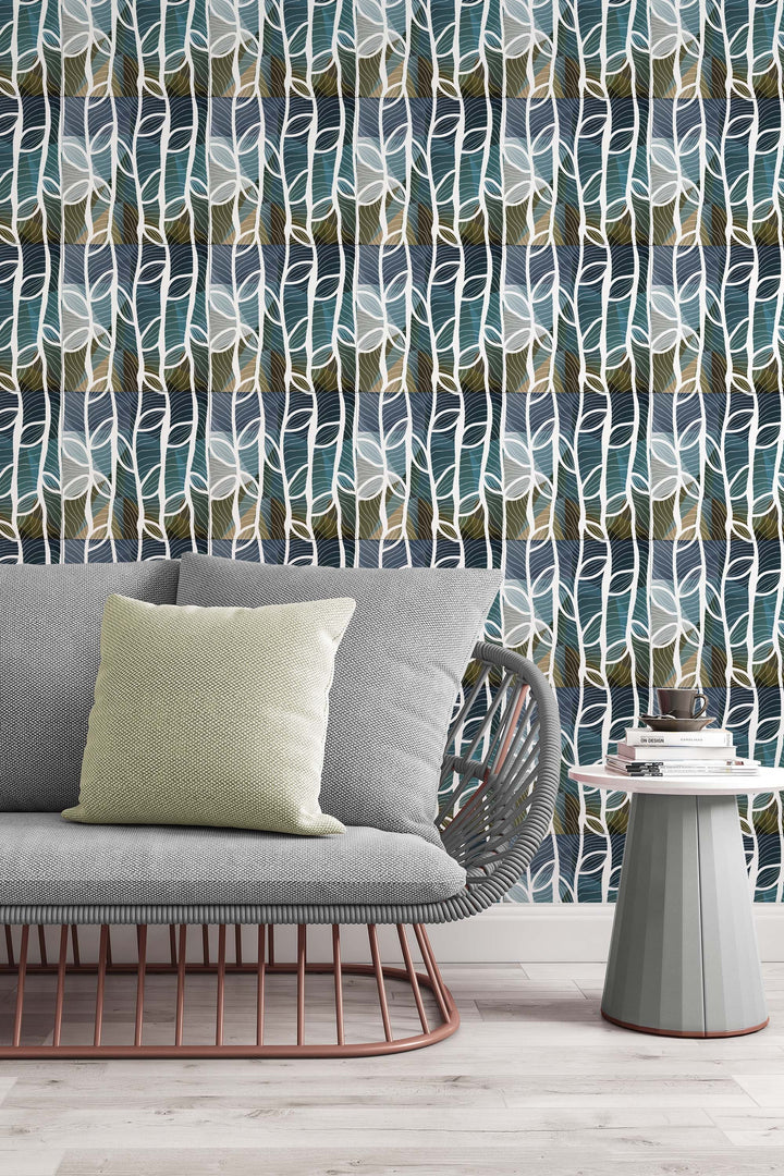 Abstract white lines with leaves Traditional Wallpaper #3282