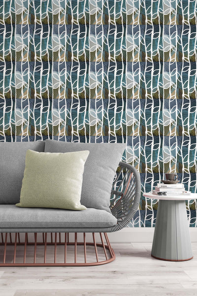 Abstract white lines with leaves Watercolor Self Adhesive Traditional and Peel and Stick Wallpaper #3282