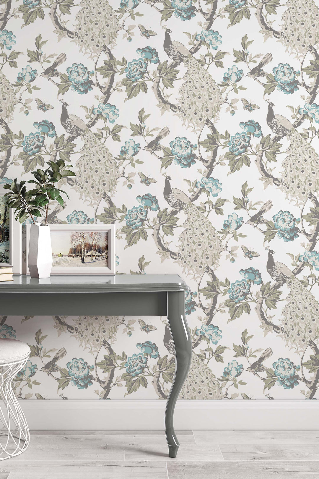 Peacock and flowers Wallcovering - Peel & Stick Wallpaper - Removable Self Adhesive Wallpaper Roll pattern wallpaper design#3286