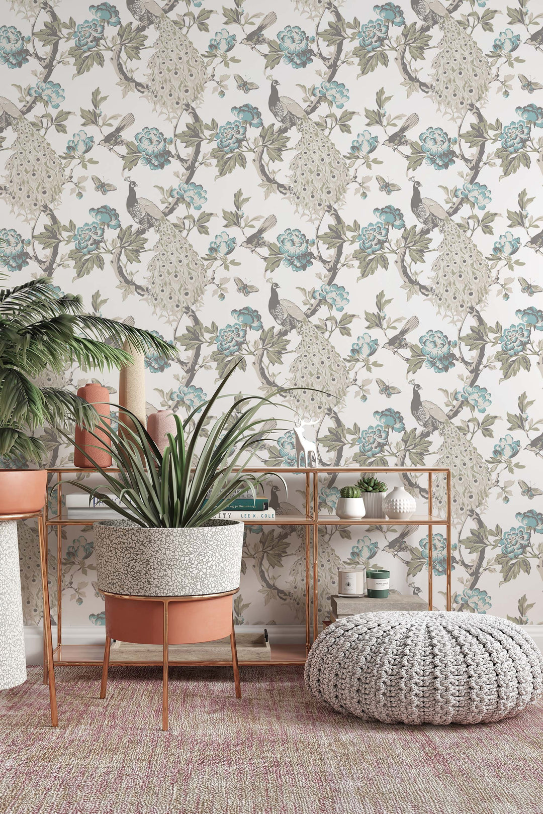 Peacock and flowers Wallcovering - Peel & Stick Wallpaper - Removable Self Adhesive Wallpaper Roll pattern wallpaper design#3286