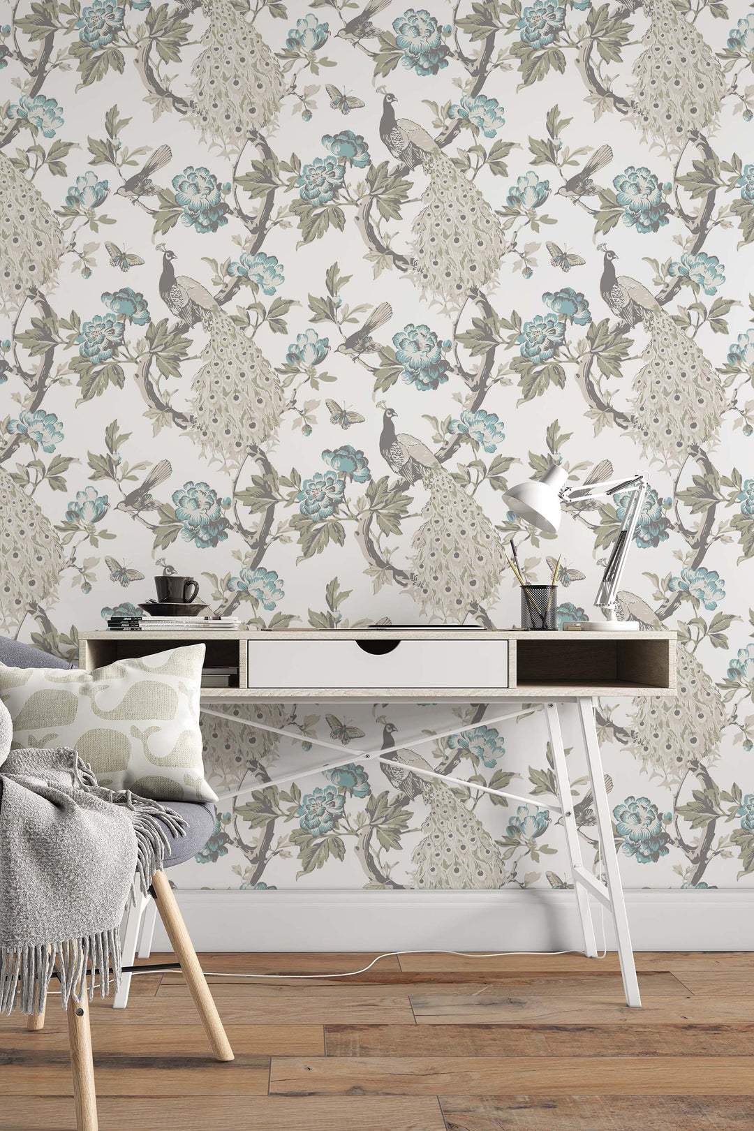 Peacock and flowers Wallcovering - Peel & Stick Wallpaper - Removable Self Adhesive Wallpaper Roll pattern wallpaper design#3286