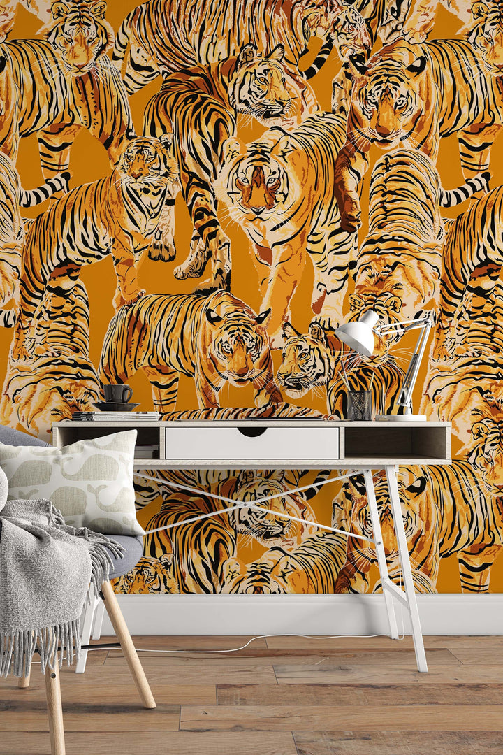 Tigers  Wallcovering - Fabric Peel & Stick Wallpaper - Removable Self Adhesive Wallpaper Roll pattern wallpaper design#3287