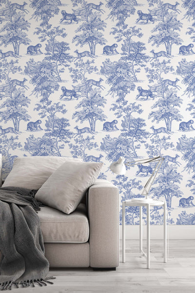Blue tigers and deer on a white background  pattern, peel and stick wallpaper, wall decor design#3266