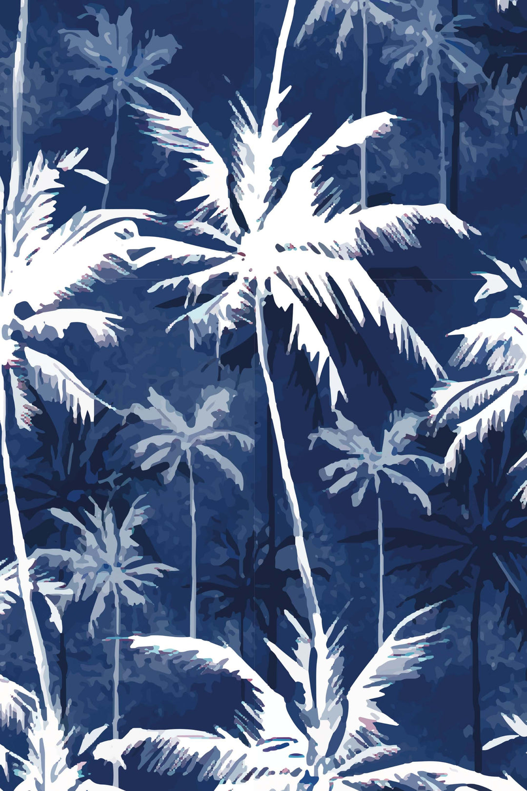 White abstract tropical coconut palms on a deep blue