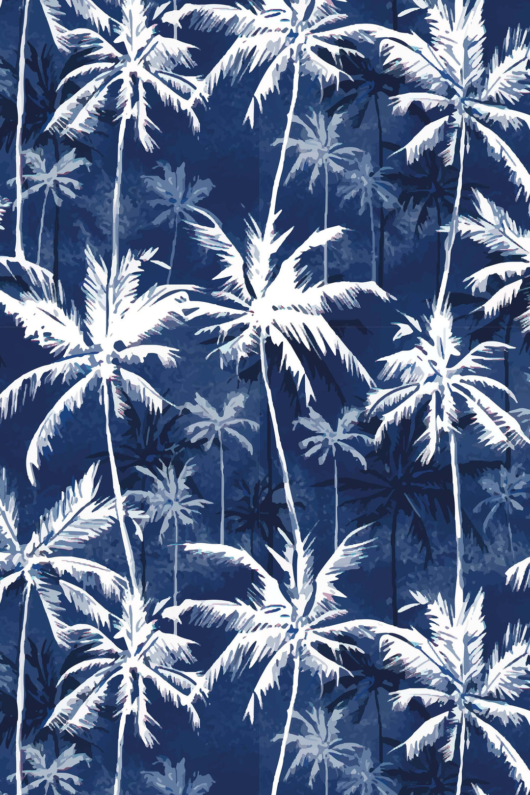 White abstract tropical coconut palms on a deep blue