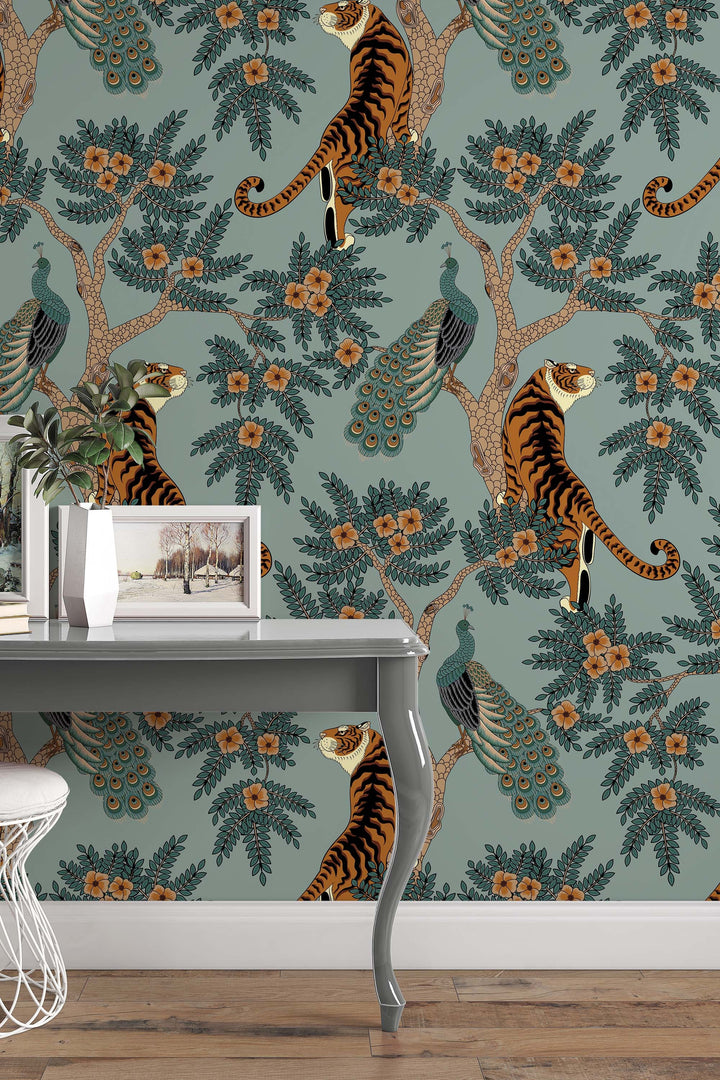 Tiger and Peacock in woods Wallcovering - Peel & Stick Wallpaper - Removable Self Adhesive Wallpaper Roll pattern wallpaper design#3297