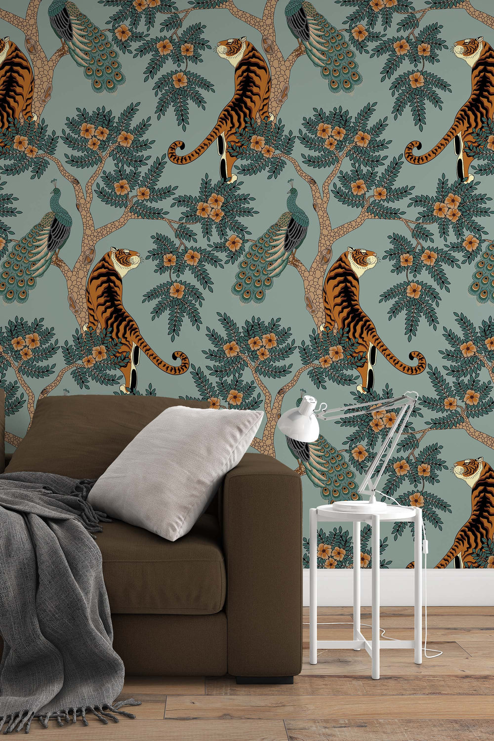Tiger and Peacock in woods Wallcovering - Peel & Stick Wallpaper - Removable Self Adhesive Wallpaper Roll pattern wallpaper design#3297