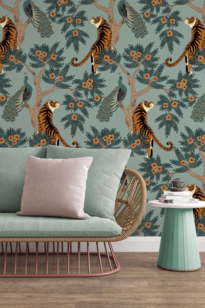 Tiger and Peacock in woods Wallcovering - Peel & Stick Wallpaper - Removable Self Adhesive Wallpaper Roll pattern wallpaper design#3297