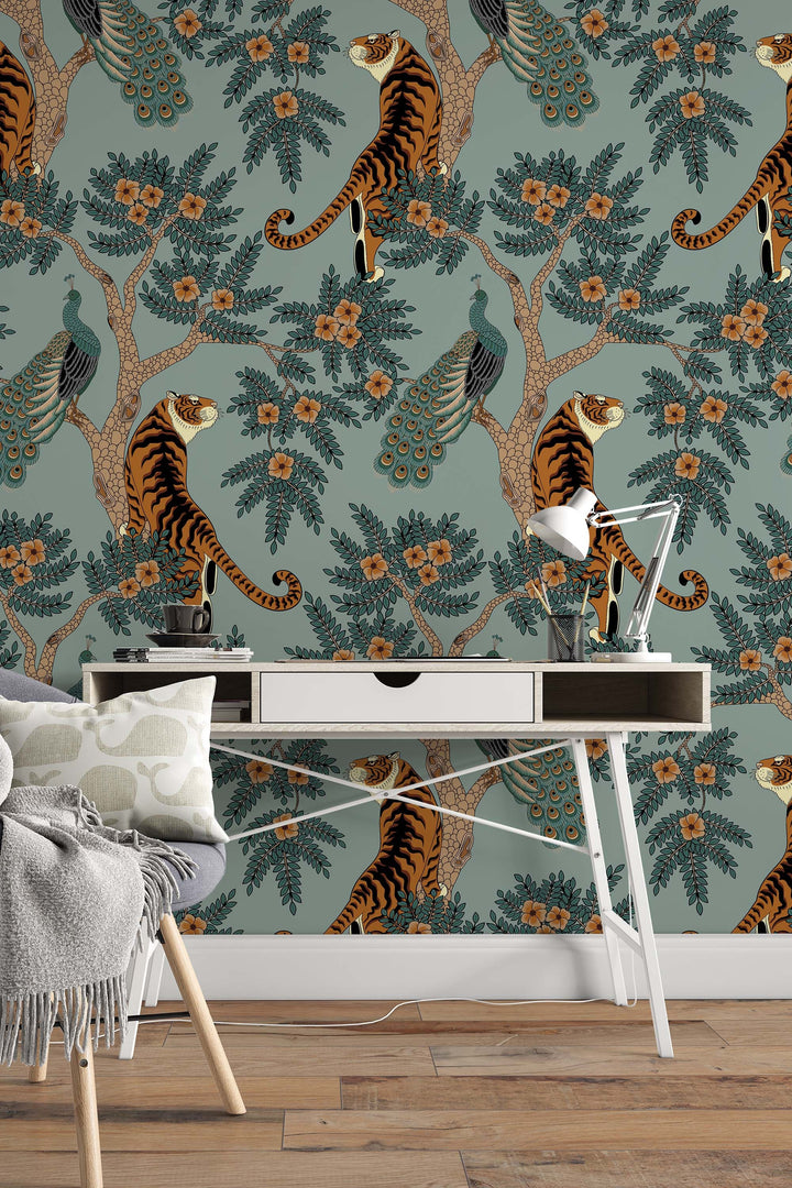 Tiger and Peacock in woods Wallcovering - Peel & Stick Wallpaper - Removable Self Adhesive Wallpaper Roll pattern wallpaper design#3297