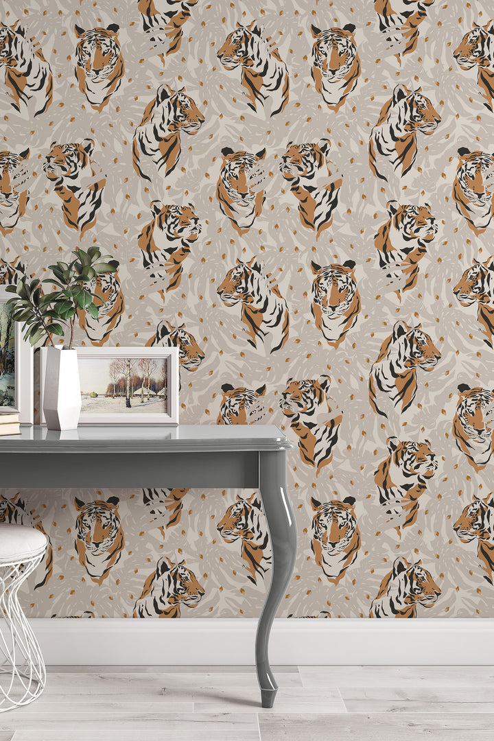 Tiger on the biege background - Peel & Stick Wallpaper - Removable Self Adhesive #3281