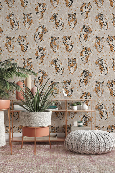 Tiger on the biege background - Peel & Stick Wallpaper - Removable Self Adhesive #3281