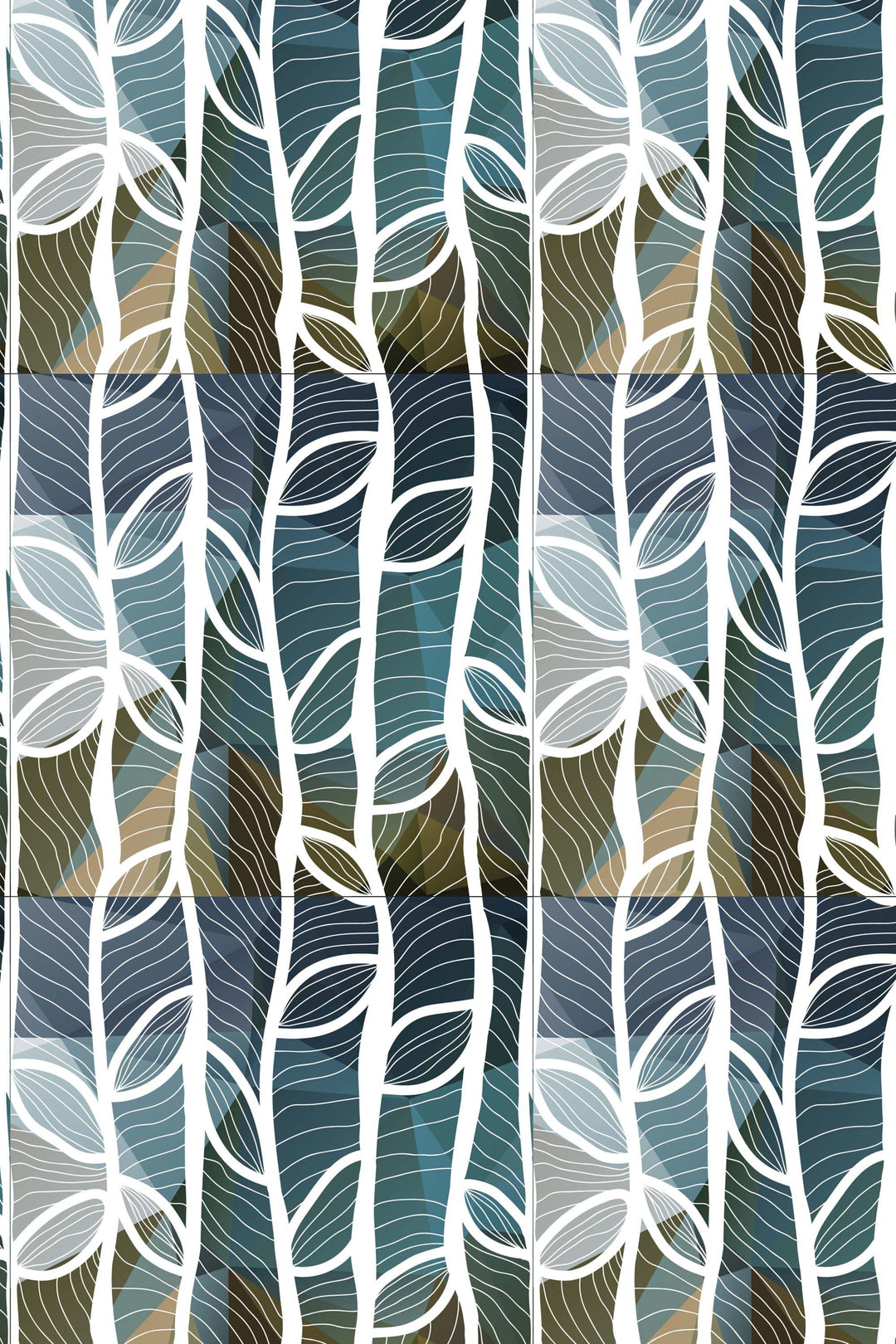 Abstract white lines with leaves Watercolor Self Adhesive Traditional and Peel and Stick Wallpaper #3282