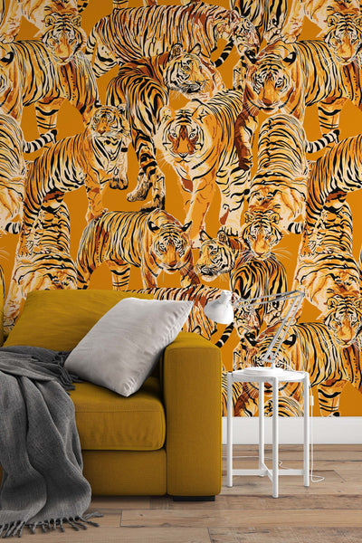 animal, tropical, Tigers Wallpaper - Fabric Peel & Stick Wallpaper - Removable Self Adhesive Wallpaper Roll pattern wallpaper design