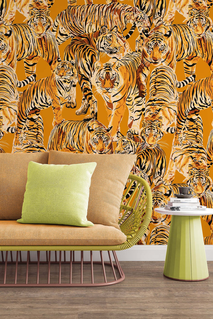 Tigers  Wallcovering - Fabric Peel & Stick Wallpaper - Removable Self Adhesive Wallpaper Roll pattern wallpaper design#3287