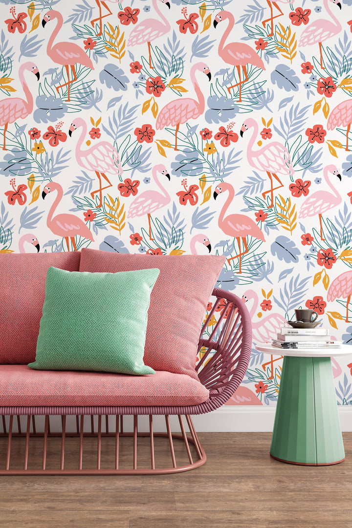 tropical print wallpaper, pink flamingo