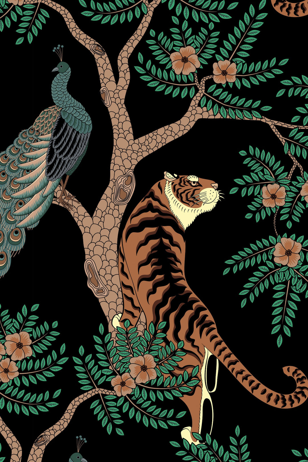 Tigesr and Peacocks in the garden on the black background, animals - Peel & Stick Wallpaper - Removable Self Adhesive #3212 /1040