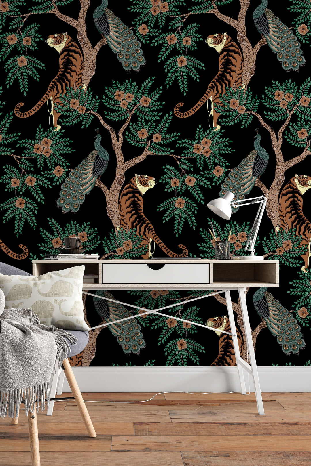 Tigesr and Peacocks in the garden on the black background, animals - Peel & Stick Wallpaper - Removable Self Adhesive #3212 /1040