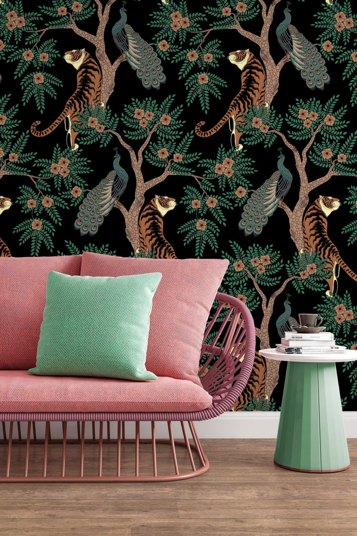 Tigesr and Peacocks in the garden on the black background, animals - Peel & Stick Wallpaper - Removable Self Adhesive #3212 /1040