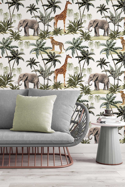 Safari wallpaper, Giraffe, elefant, palms wallpaper on white background, tropical #3289