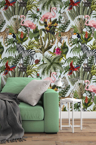 Tropical Animals in the jungle wallpaper, Peel & Stick, Removable, Self Adhesive