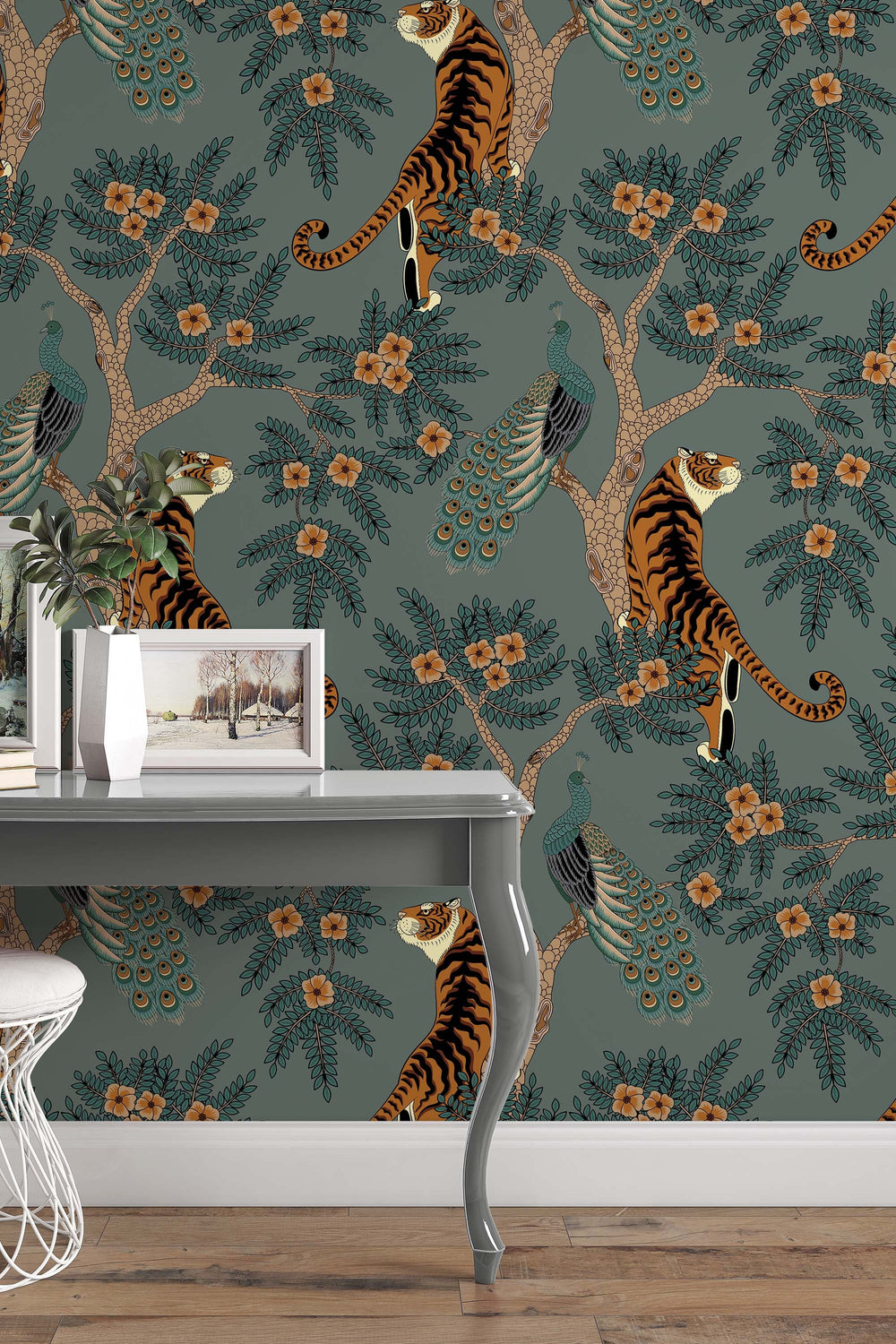 Tiger and Peacock in woods on slate- gray background - Peel & Stick Wallpaper - Removable Self Adhesive Wallpaper design #3296