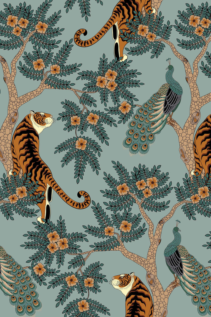 Tiger and Peacock in woods Wallcovering - Peel & Stick Wallpaper - Removable Self Adhesive Wallpaper Roll pattern wallpaper design#3297