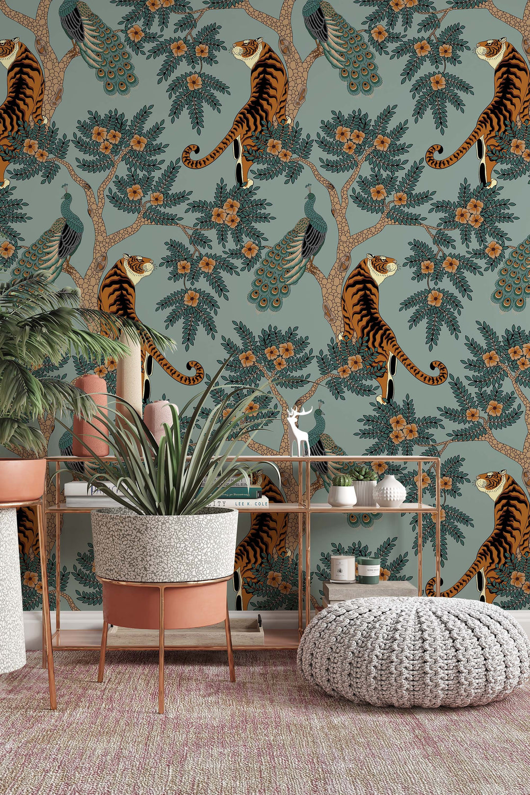 Tiger and Peacock in woods Wallcovering - Peel & Stick Wallpaper - Removable Self Adhesive Wallpaper Roll pattern wallpaper design#3297