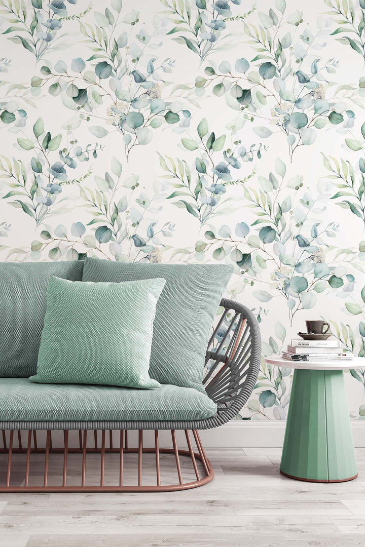 Eucalyptus leaves, botanical design, floral, boho, watercolor  - Peel and stick wallpaper, Removable , traditional wallpaper - #53307 /1040