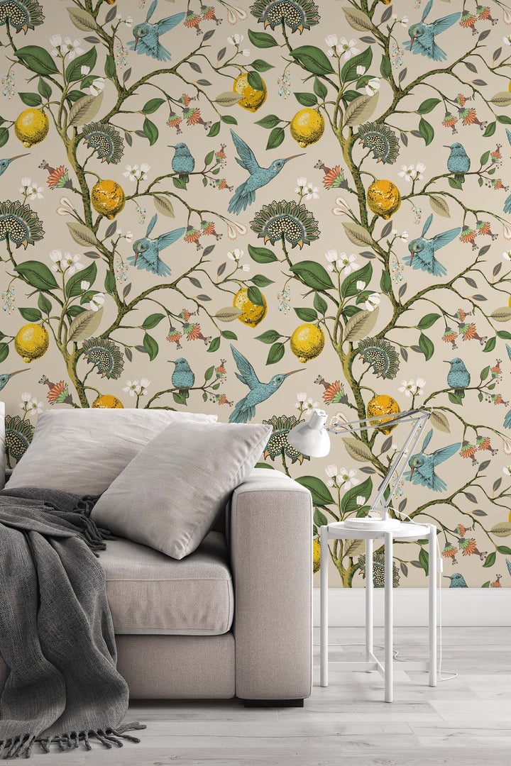 Hummingbirds wallpaper, Peel & Stick, traditional, lemon wallpaper