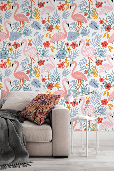 tropical wallpaper with animals, flamingo, leaves