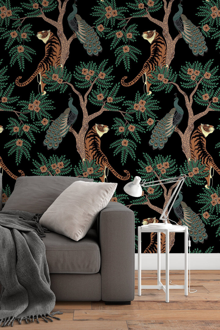 Tigesr and Peacocks in the garden on the black background, animals - Peel & Stick Wallpaper - Removable Self Adhesive #3212 /1040