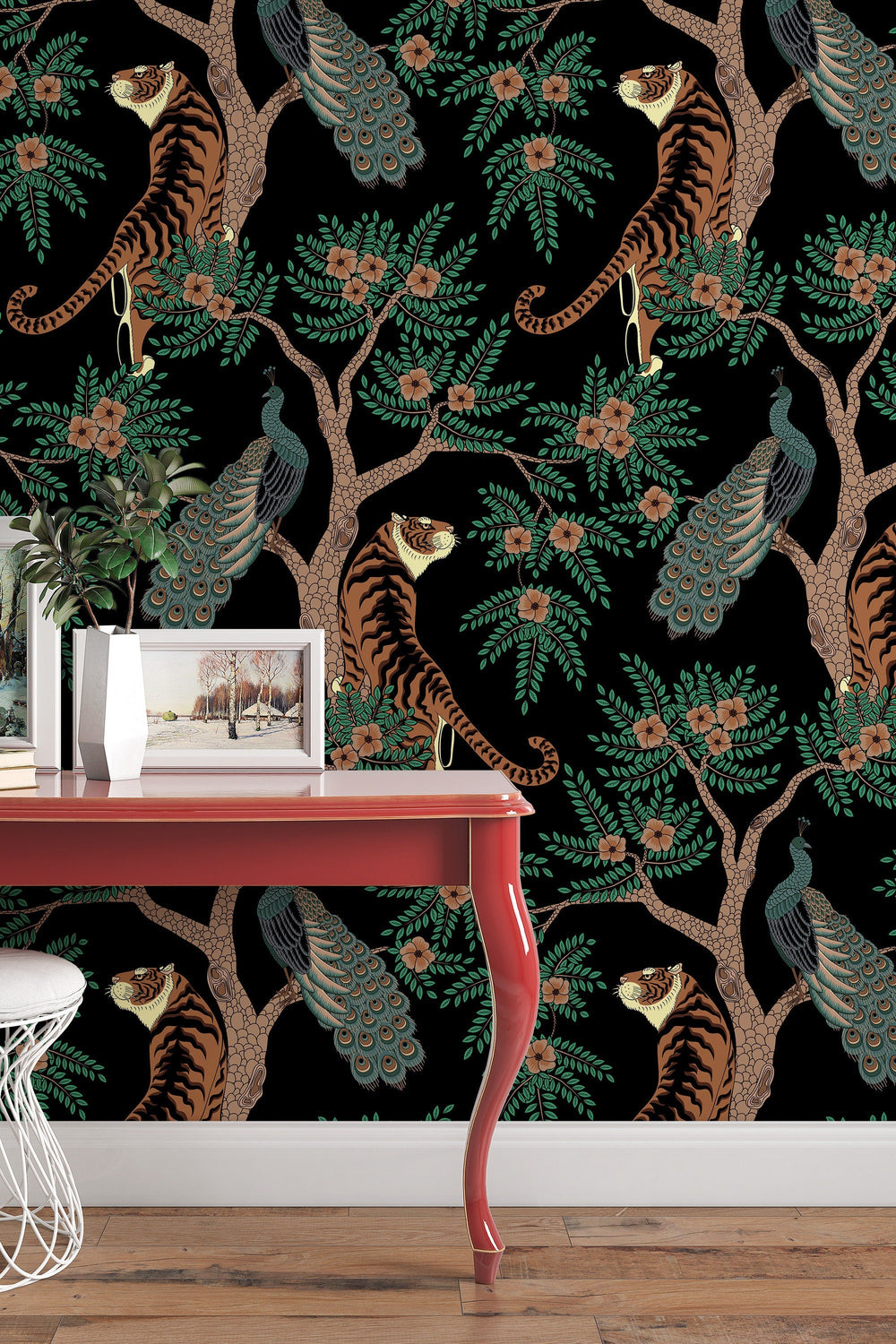 Tigesr and Peacocks in the garden on the black background, animals - Peel & Stick Wallpaper - Removable Self Adhesive #3212 /1040