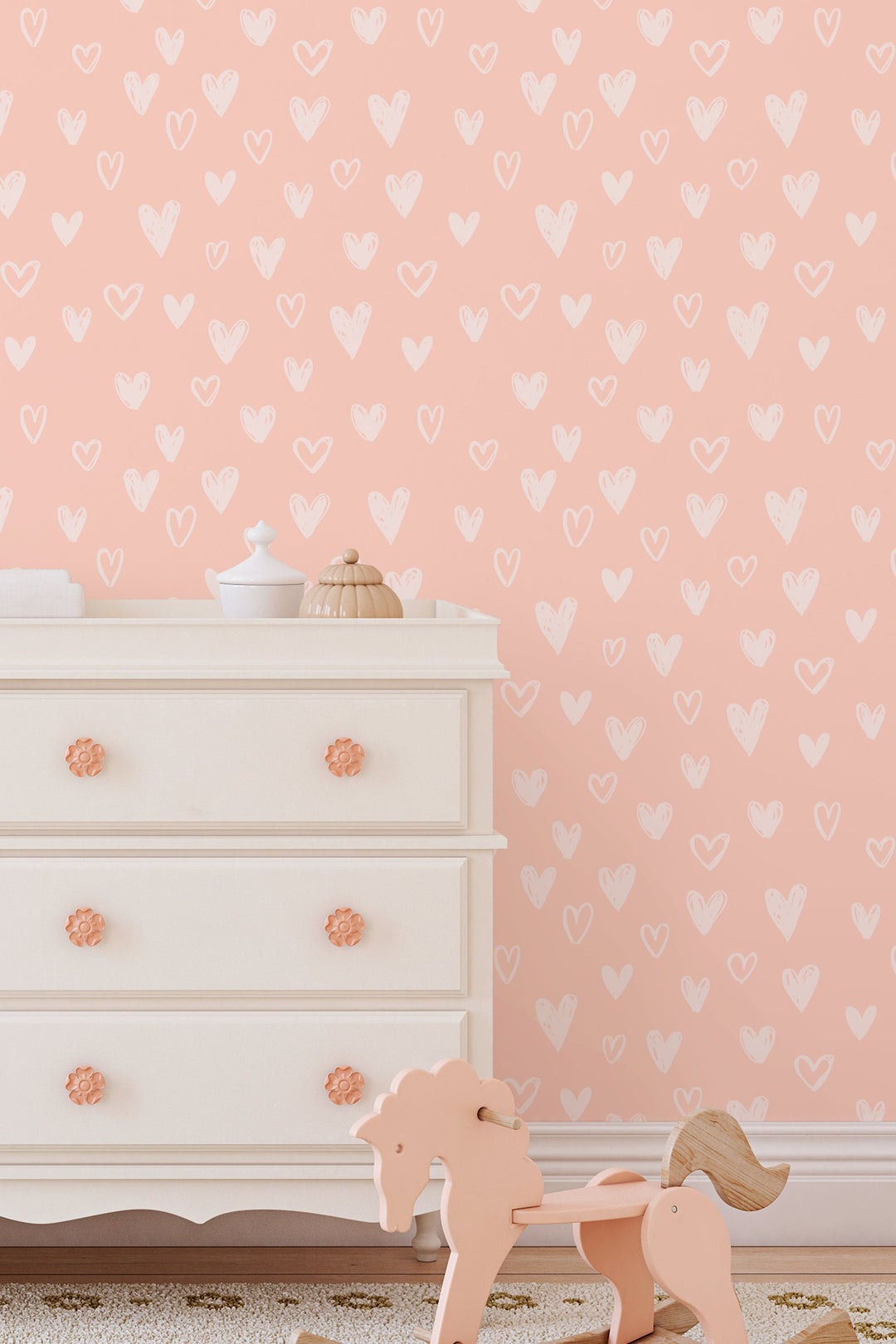White Boho Hearts on Beige Background, Kids Room Pattern Wallpaper #53055