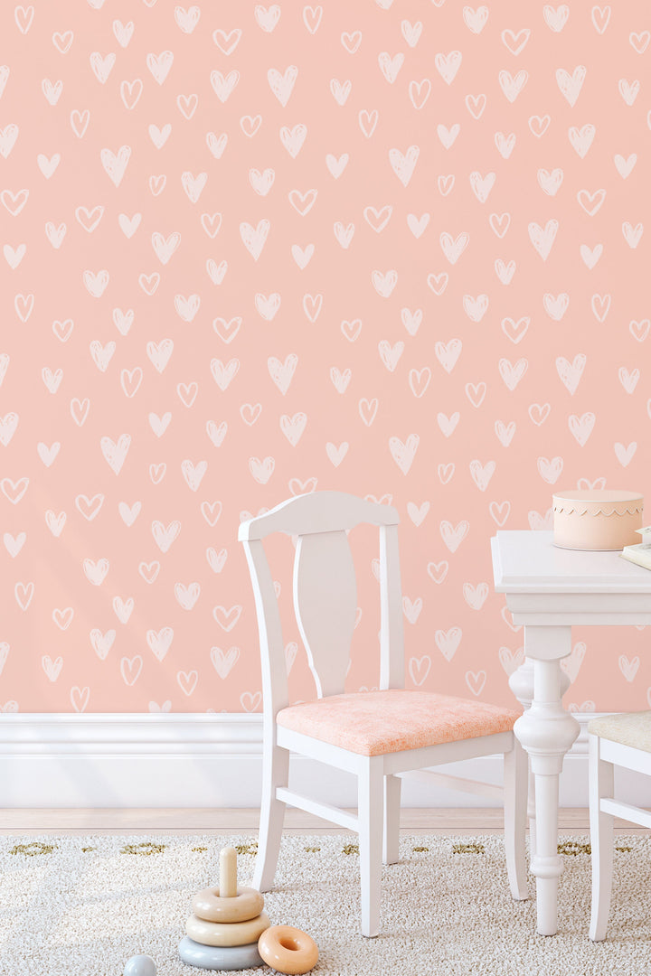 White Boho Hearts on Beige Background, Kids Room Pattern Wallpaper #53055