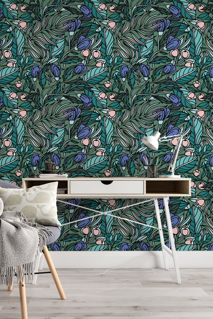 Green buds and leaves - Peel and stick wallpaper, Removable , traditional wallpaper #53063 /1040