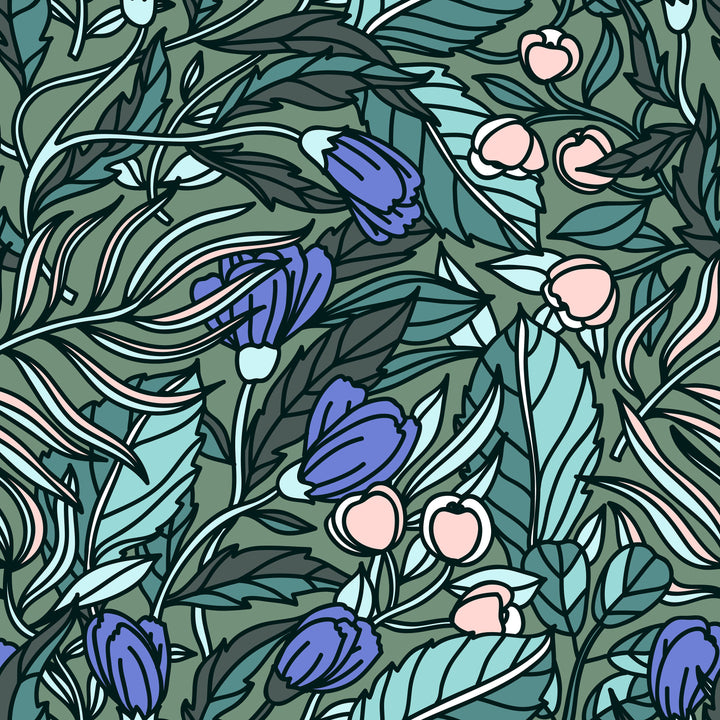 Green buds and leaves - Peel and stick wallpaper, Removable , traditional wallpaper #53063 /1040