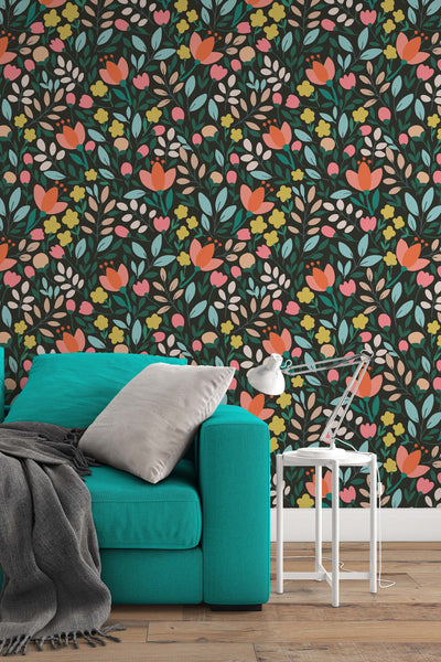 Multicolor flowers on dark background - Peel and stick wallpaper, Removable , traditional wallpaper - #53288 /1040