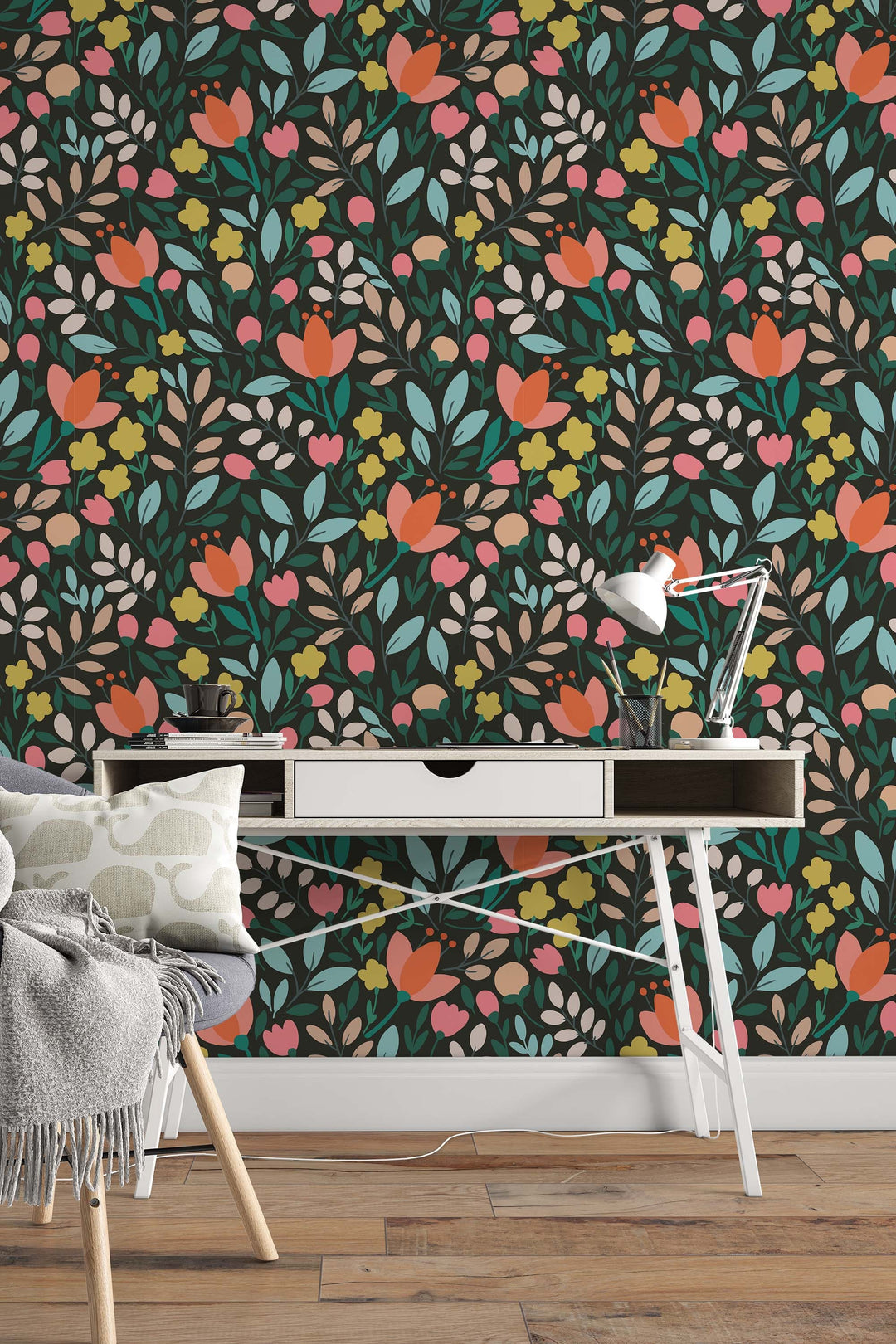 Multicolor flowers on dark background - Peel and stick wallpaper, Removable , traditional wallpaper - #53288 /1040