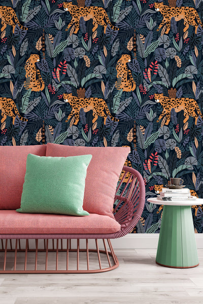 Tropical wallpaper, Removable, Peel and Stick, Cheetah, tropical leaves, jungle