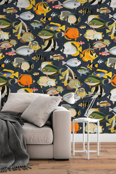 Removable Self Adhesive and Traditional wallpaper Multicolor fish, ocean, see, animals, dark wallpaper  - Peel & Stick Wallpaper - #53201 /1040