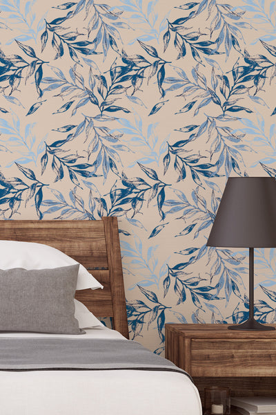 Abstract wallpaper leaves on Beige Background - Removable wallpaper - Vinyl Peel and Stick Wall 3322