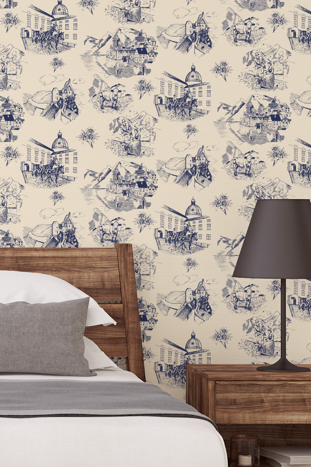 Mountains and the old town hand drawn - Peel and stick | traditional wallpaper 53324