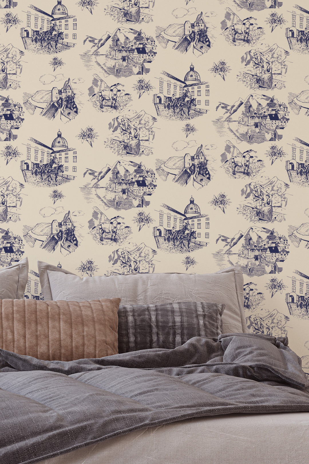 Mountains and the old town hand drawn - Peel and stick | traditional wallpaper 53324